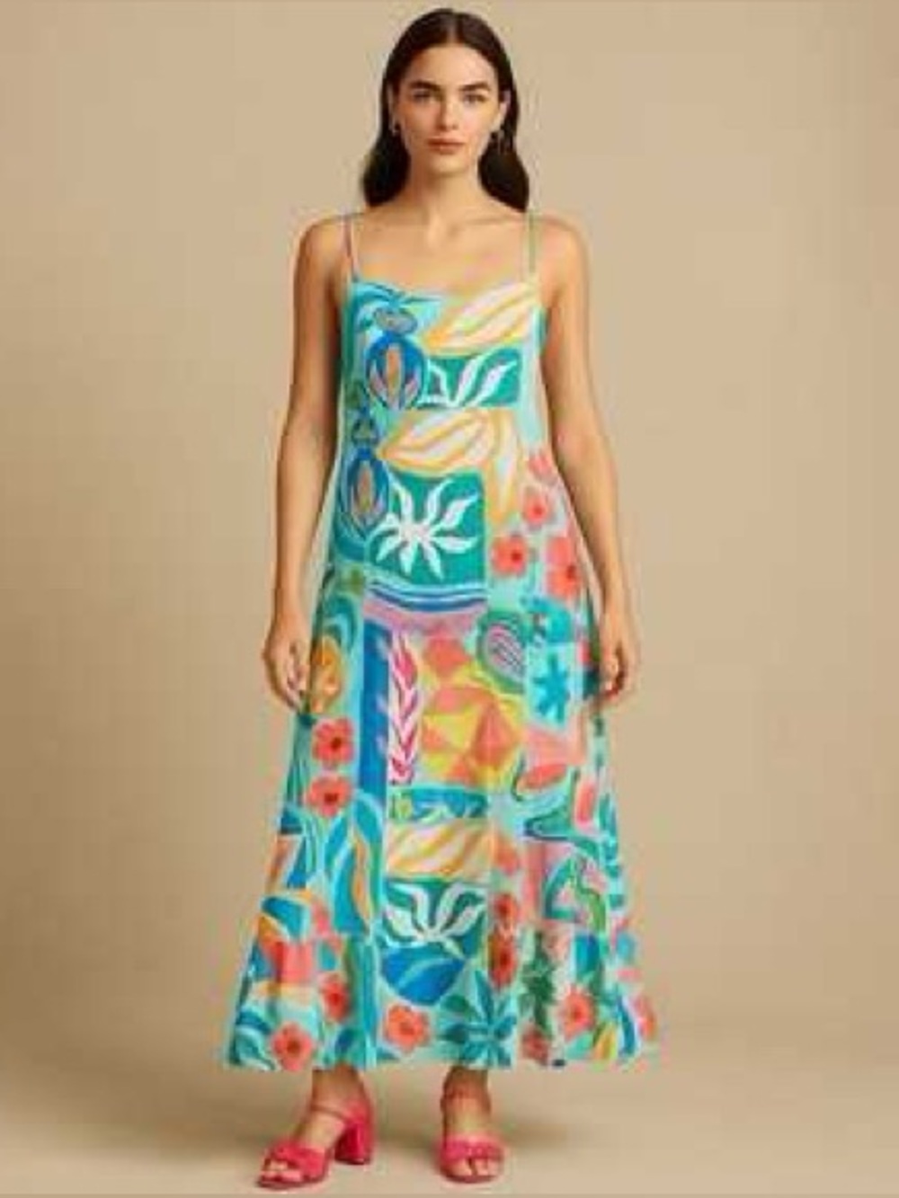 Paper Heart Anthropologie Multicolor Tropical Maxi Dress with Spaghetti Straps L - Picture 2 of 8